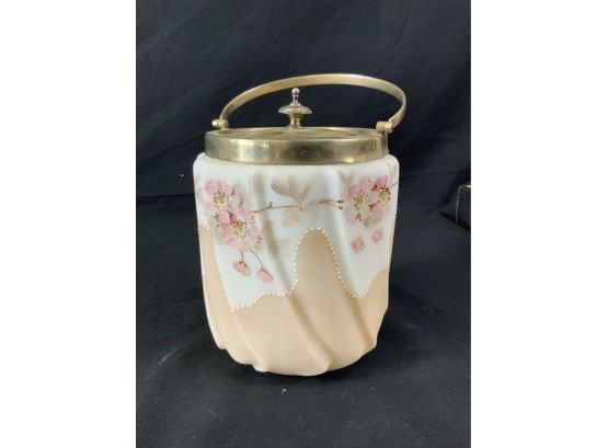 Biscuit Jar. Satin Glass. Tan Bottom & White Top Divided By Enamel Dots. Pink Flowers. Wave Crest Swirl.