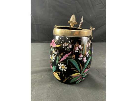 Tea Set. Tea Jar With Raised Painted Flowers, Butterflies.