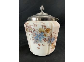 Biscuit Jar. Wave Crest. Opal With Tinge Of Pink.. Brown Leaves & Blue Flowers. Silver Plated Lid And Bail.