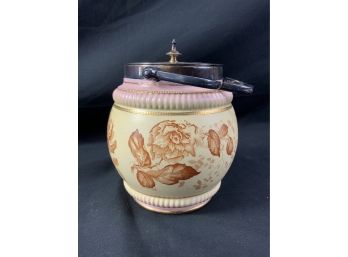 Biscuit Jar Marked With Crown & Rope. Silver Plated Top & Lid. Flowers.