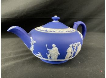 Wedgwood Jasperware. Teapot With White Figures And Decoration.