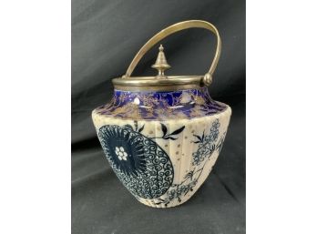 Doulton Biscuit Jar. Cobalt Blue & Gold. Ivory With Blue Flowers. Silver Plated Lid, Top & Bail.