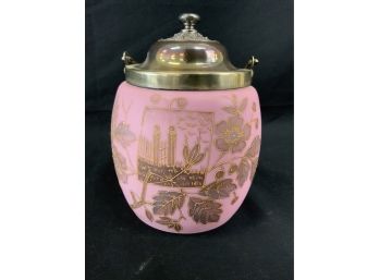 Pink Glass Satin Biscuit Jar With Gold Leaves & Flower Silver Plated Top, Lid & Bail.