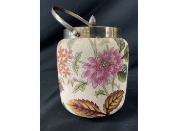 Doulton Burslem Biscuit Jar. Ivory Ground With Multi Colored Flowers, Green Vines, Silverplated Top, Bail, Lid