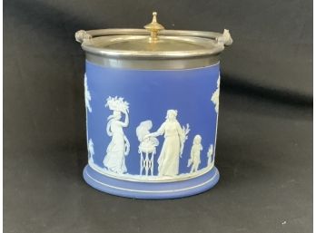 Wedgewood Jasper Ware Biscuit Jar Blue With White Figures. Sterling Silver Lid