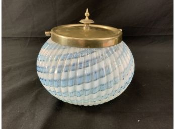 Biscuit Jar. Stevens & Williams, Ribbed Blue Glass With White Swirls.