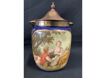 Biscuit Jar. Blue With Large Picture Of Victorian Man & Woman.