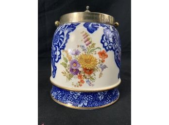 Doulton Burslem Biscuit Jar. Cobalt Blue & White Base With Multi Colored Flowers. Blue Decorative Pattern.