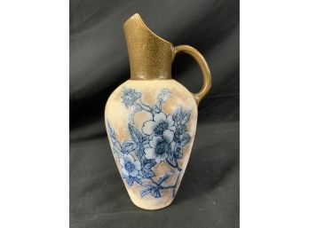 Doulton Pitcher. Cream Tapestry Background With Blue Flowers.