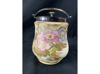 Royal Bonn Biscuit Jar. Ivory Background With Pink & Blue Flowers. Green & Brown Leaves. Gold Decoration