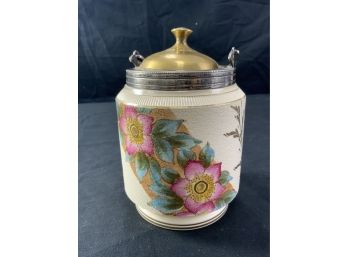 Doulton Biscuit Jar. Hand Painted Flowers. Gold Rim. Brass Lid, Silver Bail.