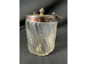 Biscuit Jar. Clear Pressed Glass. Silver Plated Lid & Bail