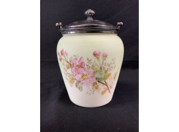 Biscuit Jar. Pink And White Flowers. Silver Plated Lid & Bail.