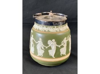 Carlton Ware Biscuit Jar. Jasperware. Green With Dancing Maidens.