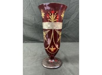 Red Bohemian Glass Base. 11 Clear Etched Flowers & Leaves. Clear Cut Band Of Dia Lines & Stars.