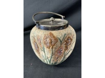 Doulton Burslem Tapestry Biscuit Jar. Slaters Patent Biscuit Jar. Beige Background, Flowers, Silver Plated.