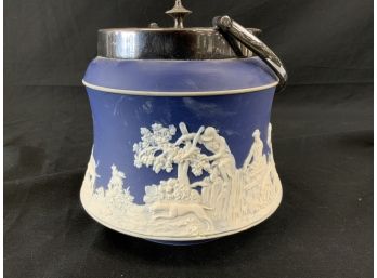 Biscuit Jar Marked Adams Dark Blue With White Horses, Dog & Hunters Silver Plated Lid, Top & Bail