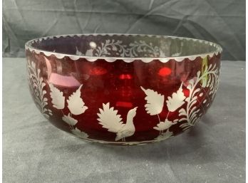 Large Bohemian Glass Bowl. Red W/ Clear Etched Trees, Birds, & Deer.