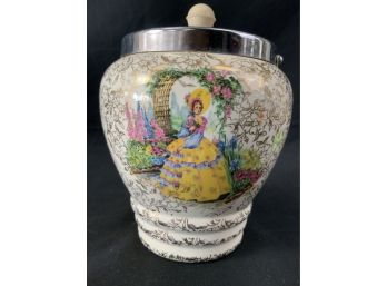 Biscuit Jar. White & Gold Flower Background. Portrait Of Victorian Woman. Quality Plat Lid & Bail.