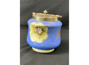 Biscuit Jar. Blue & Ivory W/roses & Gold Decoration. Japan Hand Painted. IC & E Co.