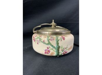 Doulton Sweet Meat Jar. Ivory Ground With Tree & Two Birds. Silver Plated Top Lid & Bail.