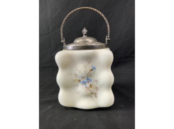 Wave Crest Biscuit Jar. Ivory Background With Blue Flowers. Silver Plated Top,.