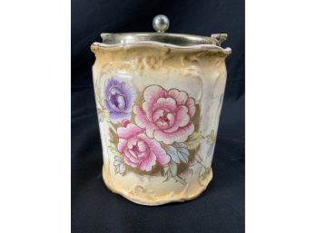 Bonn Biscuit Jar. Beige Ground. Multi Colored Flowers. Silver Plated Lid, Top, & Bail.