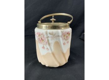 Biscuit Jar. Satin Glass. Tan Bottom & White Top Divided By Enamel Dots. Pink Flowers. Wave Crest Swirl.