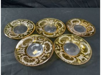 Set Of 5 Bohemian Glass Plates. Amber. Deer, Rabbits, Floral, And Nature Decorations.