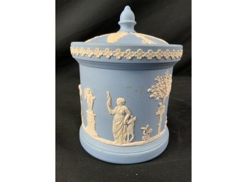 Jasperware Candy Jar. Medium Blue With White Figures.