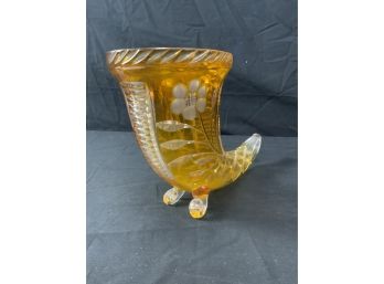 Large Cut & Engraved Cornucopia  Amber Color To Clear.
