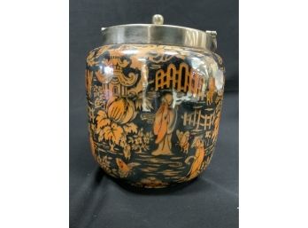 Biscuit Jar. Oriental Theme. People & Pogodas. Glazed. Black & Orange. Newport Pottery Co Ltd. Burslem, Englan