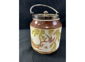Biscuit Jar. Hand Painted Scenery Of Birds, Trees, & Flowers. Silver Top, Lid & Bail.
