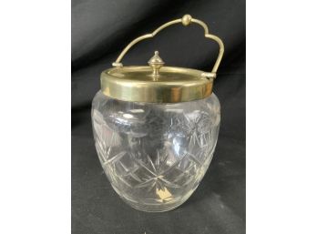 Biscuit Jar. Cut Glass, Stars. Silver Plated Lid & Bail.