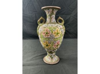 Moriage Or Satsuma Urn. Two Looped Handles. Raised Enamel Decorations. Multi Colored. Crack On One Handle/side
