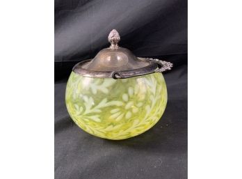 Biscuit Jar. Light Yellow Glass With White Spanish Lace Decoration.