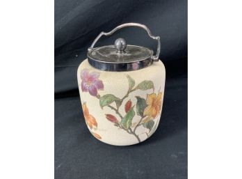 Doulton Biscuit Jar. Ivory Ground With Purple, Pink, Orange Flowers. Green & Gold Leaves. Silver Plated.