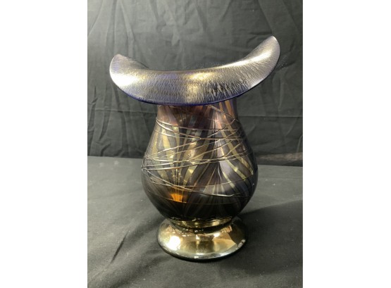 Iridescent & Stretched Glass Vase. Large Open Petal Top. Bulbous Body. Dark Charcoal With Gold Threaded.