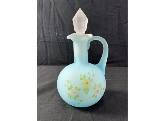 Cruet, Blue 3 Layer Glass Cased With Clear & White. Decorated Flowers. Satin Glass.