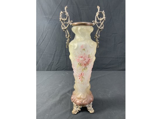 Wave Crest Vase. Frosted Background W/embossed Rococo. Pink Flowers, Ornate Brass Feet & Handles.