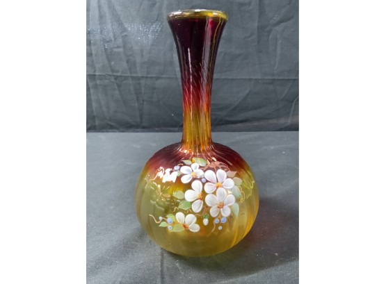 Amberina Bud Vase. Painted Decorated White Flowers.