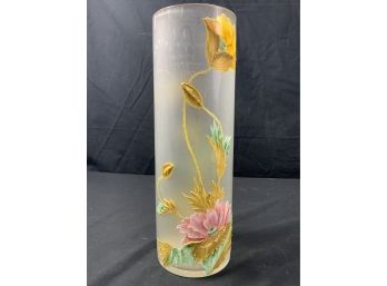 Mont Joye Vase. Frosted Ground With Raised Enamel. Yellow & Pink Flowers. Green & Gold Leaves.