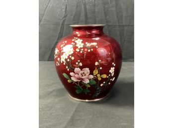 Cloisonne Vase. Red With Large Pink Flowers & Small White & Yellow Flowers Green Vines & Leaves.