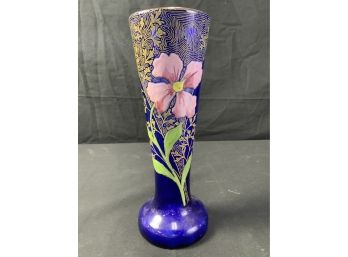 Blue Vase With Green Enamel Leaves & Pink Flowers.