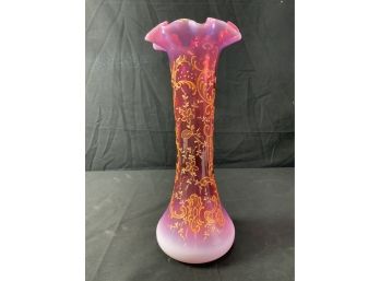 Moser Style Unmarked Vase 13. Ruffled Top. Opalescent Bottom Changing To Cranberry Back To Opalescent Top.