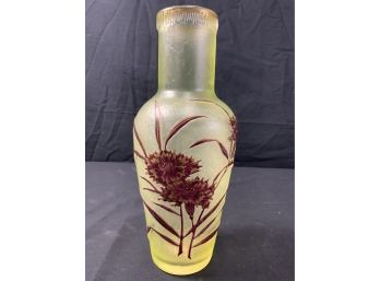 Cameo Vase. Frosted Background. Maroon & Gold Flowers & Leaves