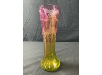 Moser Karlsbad Vase. Rubina Verde. Yellow Green On Bottom To Cranberry On Top. Etched Flowers.