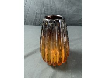 Bulbous Vase. Brown Glass With Ribbed With Controlled Bubbles. Amber To Brown.