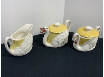 Set Of Swan Decorated Tea, Milk, Or Sugar Bowls.