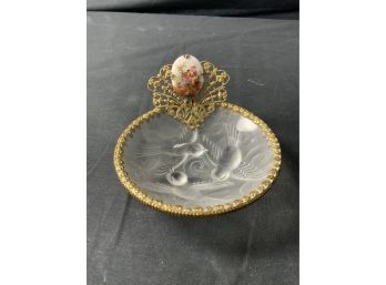 Pan Dish. Frosted Glass W/three Birds. Metal Rim On Outside & Holds Enamel Mini Of Hand Painted Man & Woman.